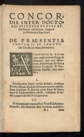 Concordia Inter Doctores Witebergenses Et Doctores civitatum Imperii in Germania superiori.
