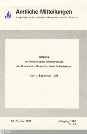 Satzung zur Änderung der Grundordnung der Universität - Gesamthochschule Paderborn : vom 1. September 1998