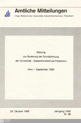 Satzung zur Änderung der Grundordnung der Universität - Gesamthochschule Paderborn : vom 1. September 1998