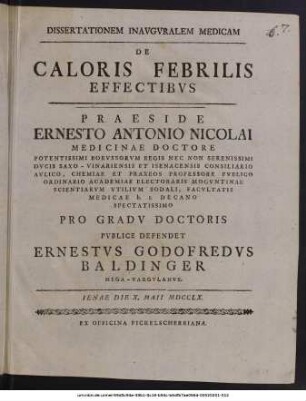 Dissertationem inauguralem medicam De caloris febrilis effectibus