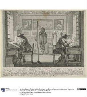 Stecher bei der Erstellung von Druckvorlagen in verschiedenen Techniken (Graveurs en taille douce au Burin et a L'eau forte)