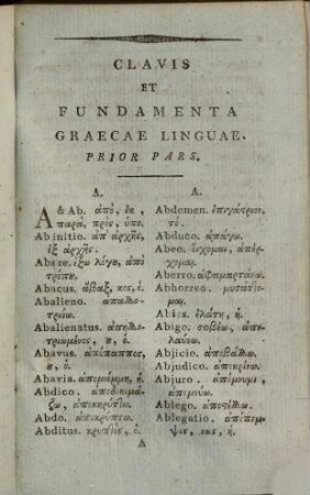 Clavis et fundamenta Graecae linguae : in duas partes distributa: quarum priori vocabula latino-graeca, posteriori graeco-latina ita explicantur, ut radicibus primogeniis passim etiam derivata, quae illis interdum magis trita et usitata sunt, una cum sententis graecis latine redditis, adiungantur ; in usum tyronum, qui linguam Graecam facili methodo addiscure cupiunt