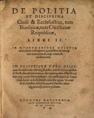 Politia civilis et ecclesiae Israeliticae et Christ. reipublicae
