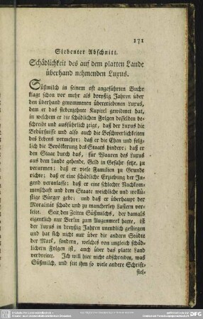 Siebenter Abschnitt. Schädlichkeit des auf dem platten Lande überhand nehmenden Luxus