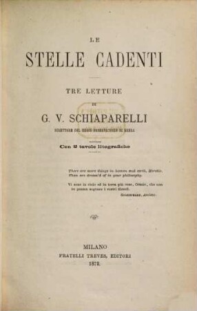 Le stelle cadenti : Tre letture di G. V. Schiaparelli. Con 2 tavole litografiche