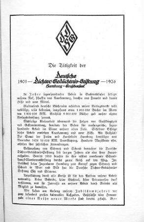 Die Tätigkeit der Deutschen Dichter-Gedächtnis-Stiftung