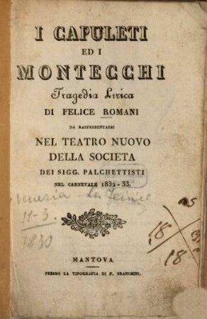 I Capuleti ed i Montecchi : Tragedia lirica