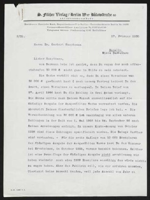 Brief von Samuel Fischer von S.-Fischer-Verlag  an Gerhart Hauptmann