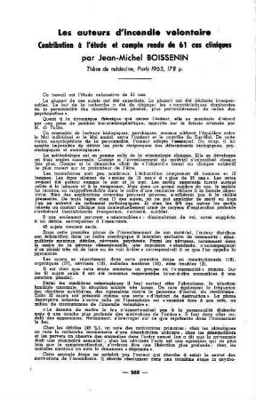 588-589, Les auteurs d'incendie volontaire. Contribution à l'étude et compte rendu de 61 cas cliniques, par Jean-Michel Boissenin