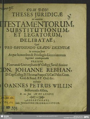 Theses iuridicae ex materia testamentorum, substitutionum et legatorum delibatae