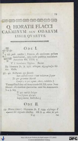 Q. Horatii Flacci Carminum Seu Odarum Liber Quartus.