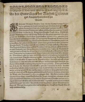 An den Gutwilligen der Warheit/ Historien und Kunstliebhabenden Leser Vorrede.