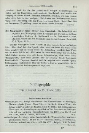 Bibliographie vom 4. August bis 13. Oktober 1898.
