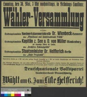 Plakat zu einer Wahlversammlung der DNVP am 30. Mai 1920 in Braunschweig mit öffentlichen Vorträgen