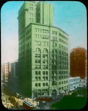 San Francisco. Chronicle Building (1889; Burnham & Root; Erweiterung 1896,1898). Aufnahme nach dem Erdbeben vom 6. April 1906 (Wiederaufbau 1906; W. Polk)