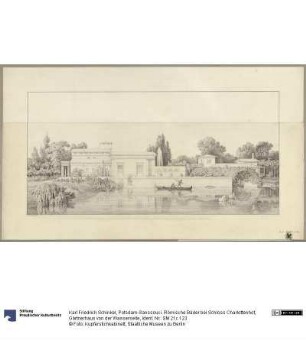Potsdam-Sanssouci. Römische Bäder bei Schloss Charlottenhof, Gärtnerhaus von der Wasserseite