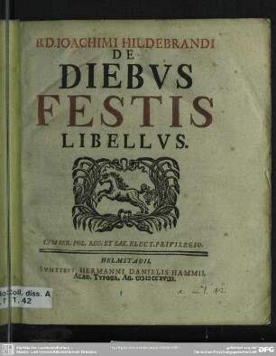 B. D. Ioachimi Hildebrandi De Diebus Festis Libellus