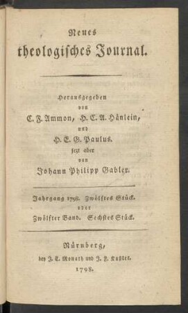 Jahrgang 1798. Zwölftes Stück. oder Zwölfter Band. Sechstes Stück