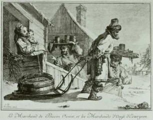Le marchand de poisson vivant et les marchands d'oeufs d'esturgeon (Rußland - Händler vor Blockhütte) : Lastenschlitten, Radierung