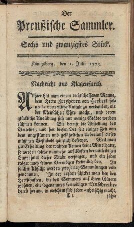 Sechs und zwanzigstes Stück. Königsberg, den 1. Julii 1773.