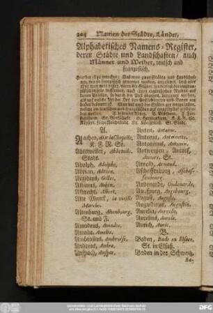 Alphabetisches Namens-Register, derer Städte und Landschaften, auch Männer und Weiber, teutsch und französisch.