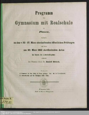 1862/63: Programm des Gymnasiums und der Realschule zu Plauen