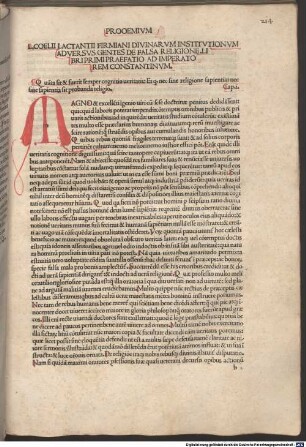 Lactantii Firmiani de diuinis institutionibus aduersus ge[n]tes. Rubricæ primi libri incipiunt