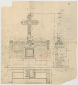Thiersch, August ; München; Nordfriedhof, Grab Pechmann - Grundriss, Ansicht, Schnitt