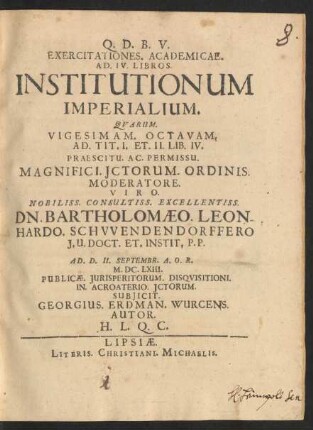 Exercitationes Academicae Ad IV Libros Institutionum Imperialium