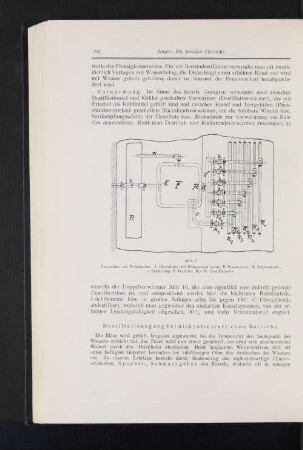 Abb. 7 Florentiner mit Rohrsystem. F Florentiner mit Rohrsystem vorne, R Wasserrinne, W Schwenkrohr, e Entleerung, V Verteiler, R1-R7 Destillatrohre