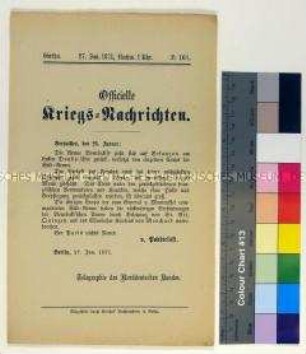 Kriegsdepesche des Norddeutschen Bundes über die Kriegsereignisse vom 26.1.1871 über Rückzug der Armee General Bourbakis nach Besançon