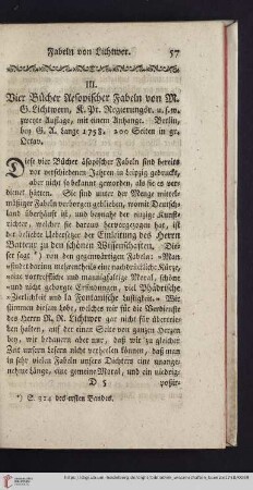 3: [Rezension von: M.G. Lichtwern, Vier Bücher Aesopischer Fabeln. Berlin, 1758]