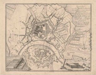 Stadtplan von Dresden, Altstadt und Neustadt, mit Befestigungsanlagen, Vorstädten und der Belagerungen im Siebenjährigen Krieg (Dritter Schlesischer Krieg, 1756-1763) im September 1759 und im Juli 1760