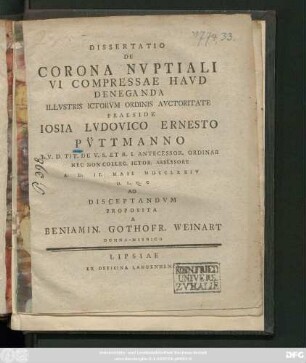 Dissertatio De Corona Nvptiali Vi Compressae Havd Deneganda
