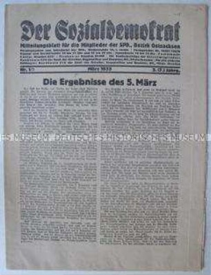 Mitteilungsblatt der SPD Ostsachsen mit den Wahlergebnissen vom 5. März 1933