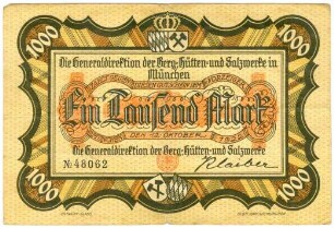 Geldschein / Notgeld, 1.000 Mark, 12.10.1922