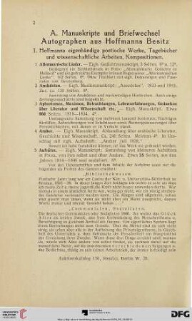 A. Manuskripte und Briefwechsel. Autographen aus Hoffmanns Besitz (Nr.1-155)