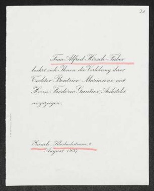 Brief von Fanny Hirsch-Faber an Gerhart Hauptmann