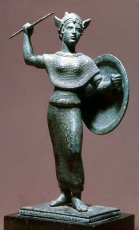 Etruskische Statuette der speerschwingenden Athena oder Minerva in voller Rüstung, schöne bläuliche Patina