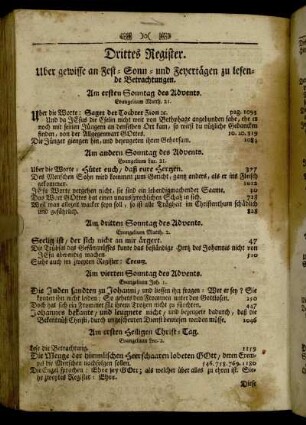 Drittes Register. Uber gewisse an Fest- Sonn- und Feyertägen zu lesende Betrachtungen.