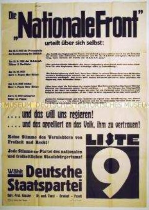 Schriftplakat mit dem Aufruf zur Wahl der Deutschen Staatspartei bei der Reichstagswahl am 5. März 1933
