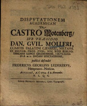 Dispvtationem Academicam De Castro Rotenberg