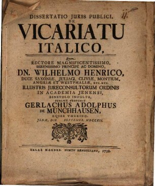 Dissertatio Iuris Publici De Vicariatu Italico,