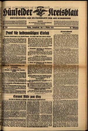 Ausgabe vom Samstag, den 03. Oktober 1942.