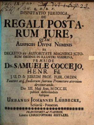Disputatio Juridica, De Regali Postarum Jure