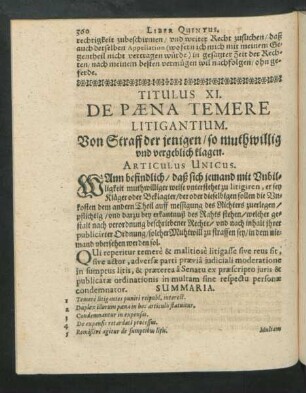 Titulus XI. De Paena Temere Litigantium. Von Straff der jenigen/ so muthwillig und vergeblich klagen.