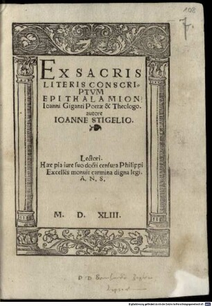 Ex sacris literis conscriptum epithalamion Joanni Giganti Poëte, et Theologo