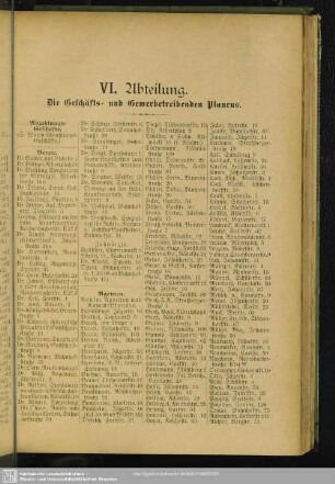 VI. Abtheilung. Berufsklassen und Gewerbebetriebe : VI. Abtheilung. Die Geschäfts- und Gewerbetreibenden Plauens