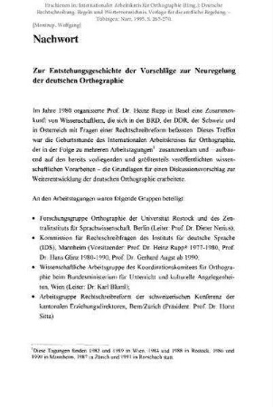 Deutsche Rechtschreibung: Regeln und Wörterverzeichnis. Vorlage für die amtliche Regelung. Nachwort