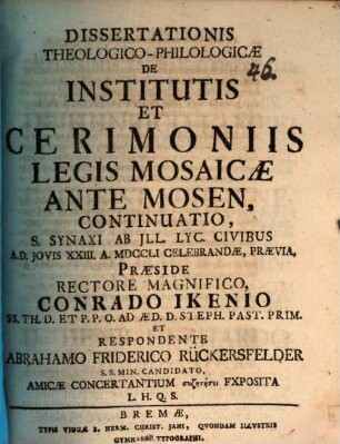 Dissertationis Theologico-Philologicæ De Institutis Cerimoniis Legis Mosaicæ Ante Mosen. 2, Continuatio